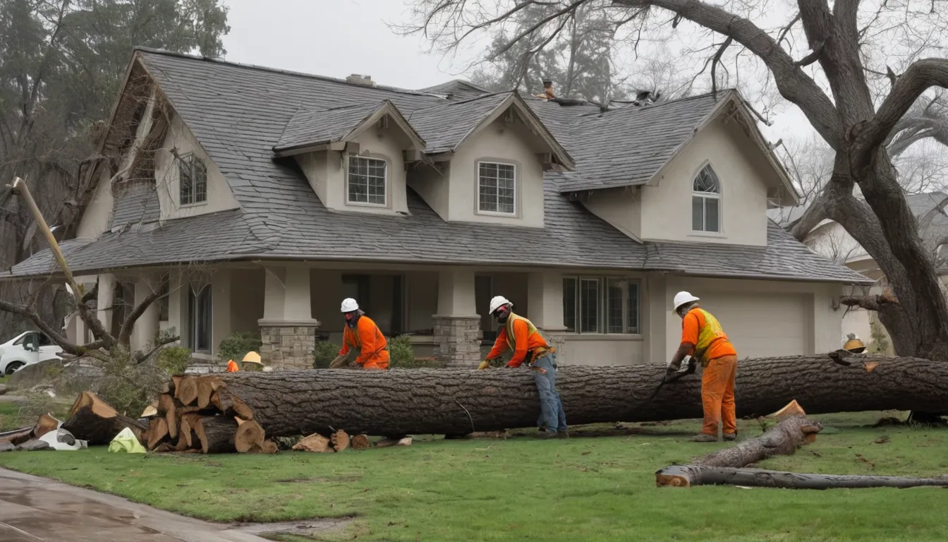 Local tree provider crew safely clearing a fallen tree from a stucco home yard in Hayward
