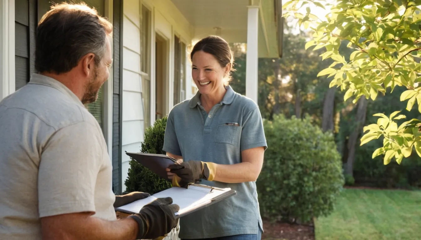 Homeowner reviewing a written tree removal quote with a provider in the Hayward area