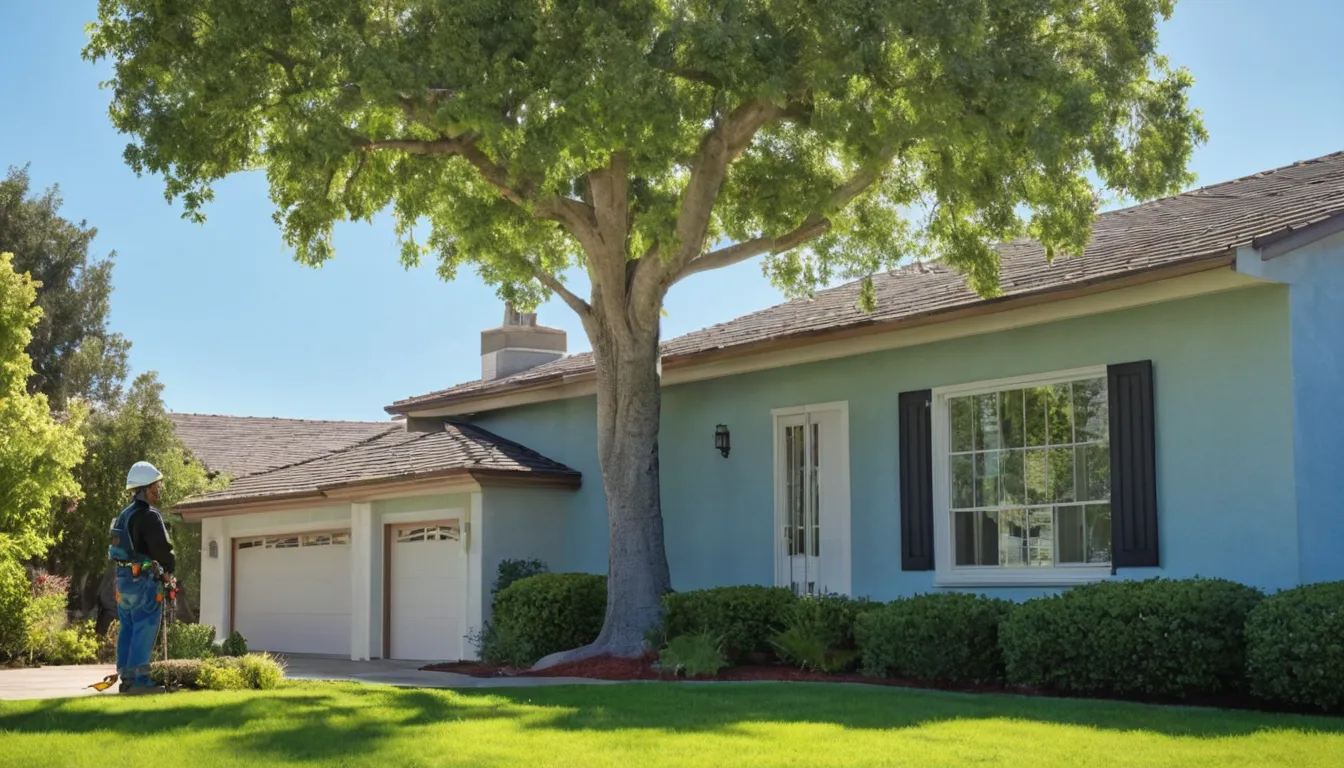 A local tree provider inspecting a large tree beside a stucco home in Hayward