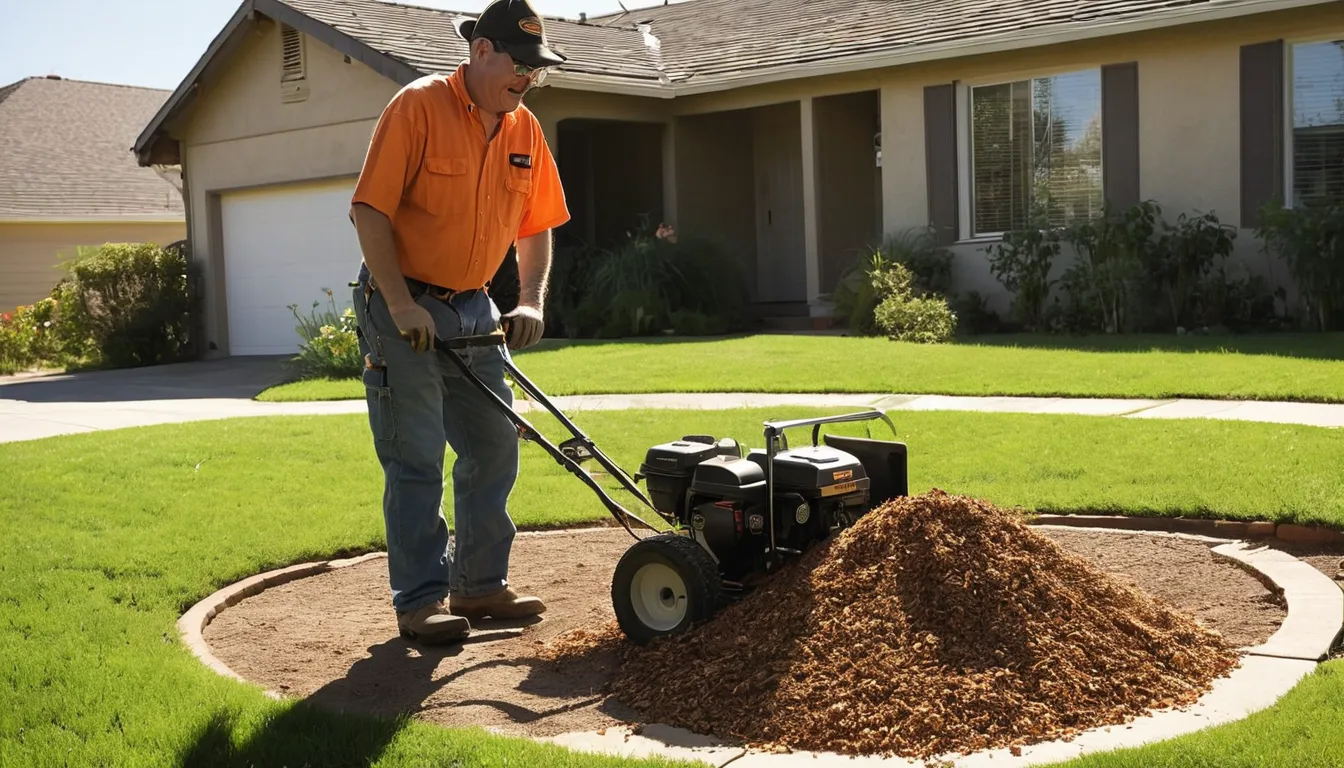 Provider operating a stump grinder on a lawn in a Hayward backyard beside a stucco ranch home