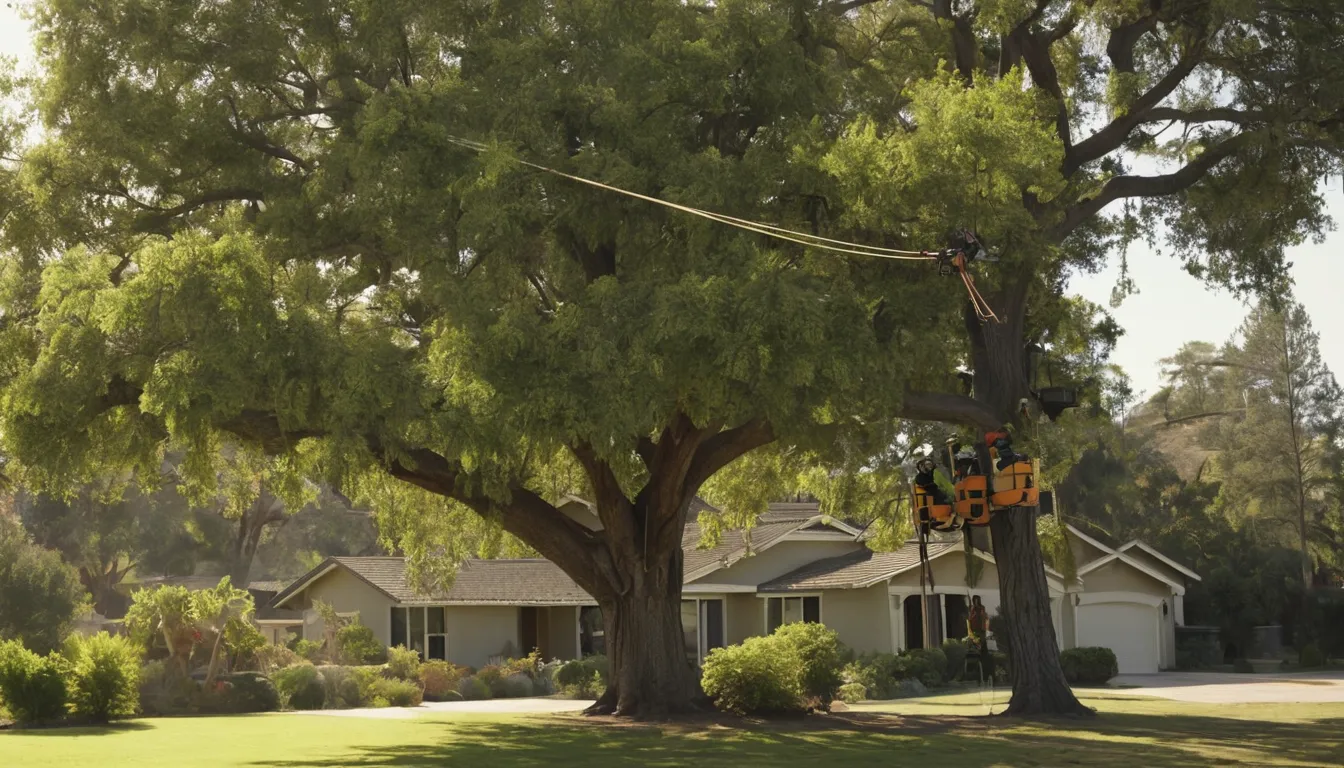 A local tree removal provider cutting a large backyard tree in sections near a stucco home in Hayward